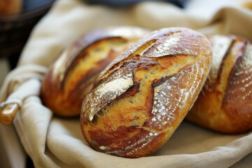 Freshly baked sourdough bread loaves on a linen cloth, with a crisp golden crust and artisanal pattern.