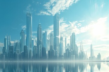 Futuristic city skyline with skyscrapers and reflections on water under a blue sky with sunlight.