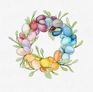 Painted eggs in a wreath with leaves, Happy Easter, digital watercolor