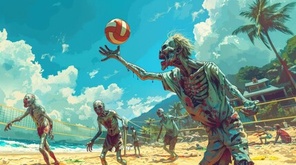 Illustrated scene of cartoon zombies engaged in a volleyball game on a tropical beach under a clear blue sky.
