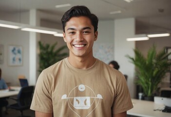 A happy young professional wearing a beige t-shirt stands in a bright office. His joyful expression and casual attire signal a relaxed yet productive workplace.