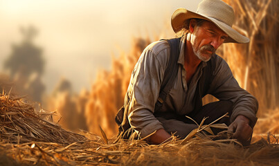 A weathered farmer in overalls and a straw hat at the field - obrazy, fototapety, plakaty
