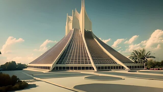 Retrofuturistic landscape in 80s sci-fi style. Retro science fiction scene with futuristic buildings