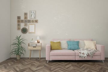 White living room with sofa. Scandinavian interior design. 3D illustration