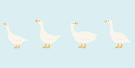 Cute white goose icons set. Vector illustration