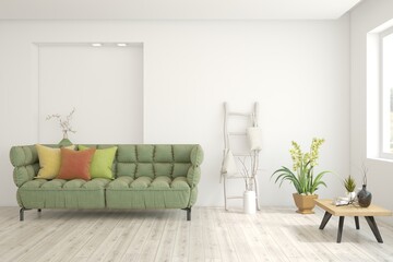 White living room with sofa. Scandinavian interior design. 3D illustration