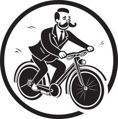 Fototapeta premium Pedal Pursuit Cartoon Man on Bike Vector Logo Emblem Cycling Journey Cartoon Man Riding Bike Black Emblem Icon