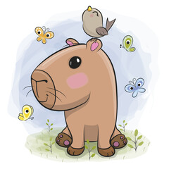 Cartoon capybara on the neadow with bird