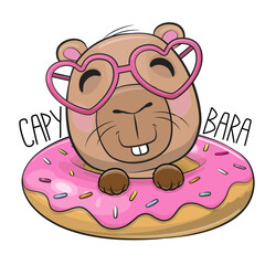 Cartoon Capybara with donut and pink glasses