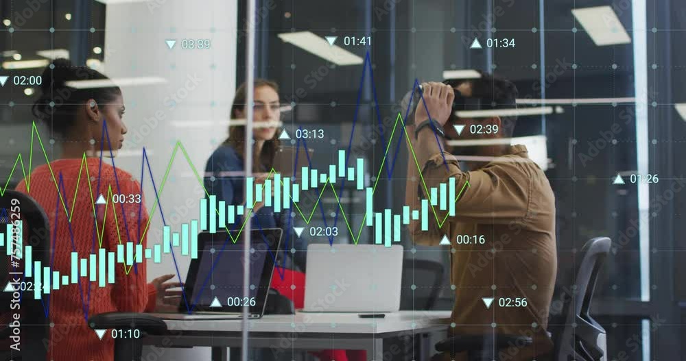 Poster animation of financial data processing over diverse colleagues having meeting in office