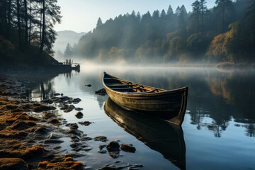 Boat glides on misty lake surrounded by trees in tranquil natural landscape - obrazy, fototapety, plakaty