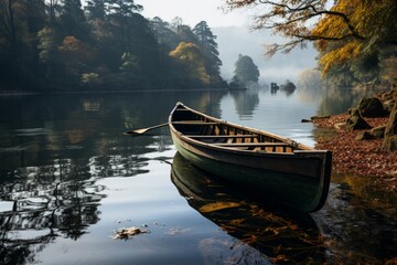 Green canoe rests by lake shore amidst natural landscape - obrazy, fototapety, plakaty