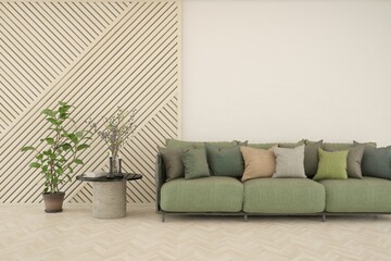 White living room with sofa. Scandinavian interior design. 3D illustration