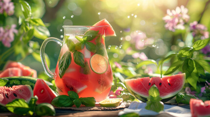 A summery scene with a pitcher of fresh watermelon lemonade surrounded by greenery on a sunny day