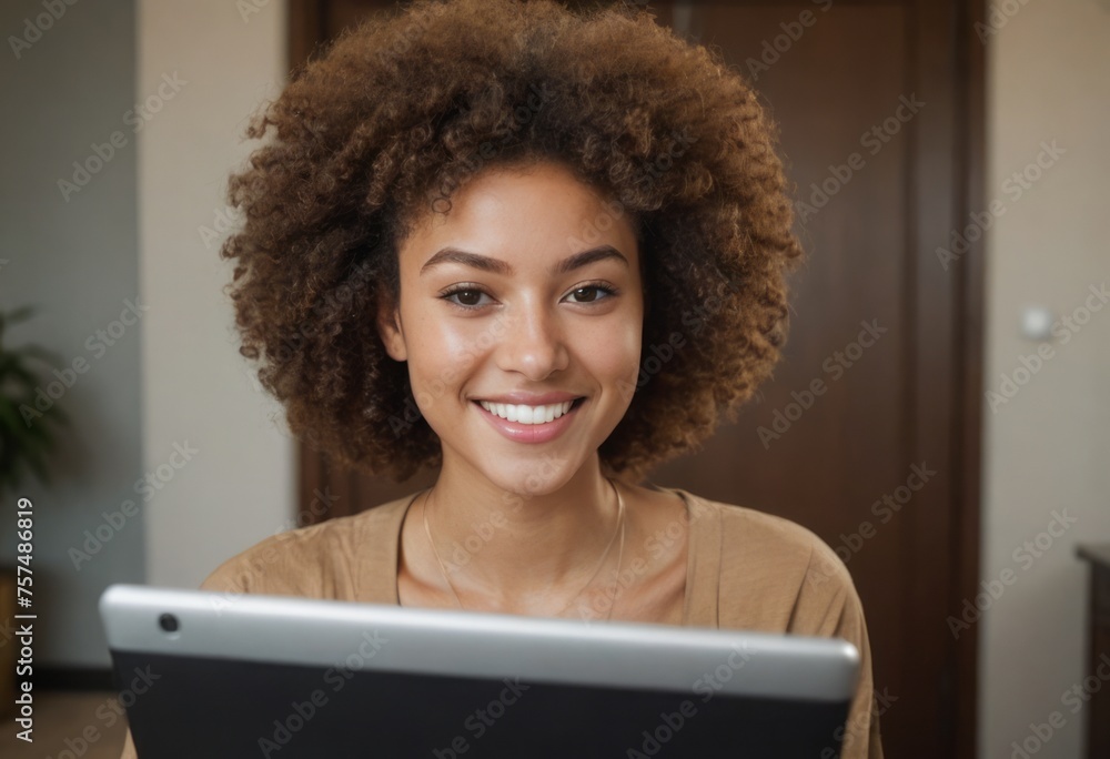 Wall mural A cheerful curly-haired woman with a bright smile is looking at a tablet screen. She is likely at home or a casual office.