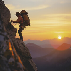 A climber ascends a rocky mountain peak with the golden glow of sunset in the background, depicting adventure and determination - obrazy, fototapety, plakaty