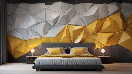 A minimalist 3D wall design in the bedroom with lemon yellow and white triangular-shaped tiles, adding a contemporary touch to the interior decor.