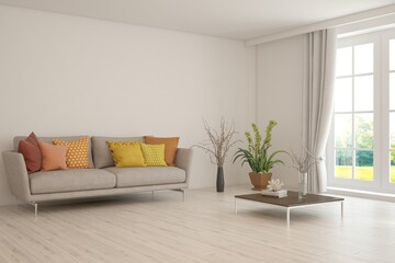 White living room with sofa and summer landscape in window. Scandinavian interior design. 3D illustration