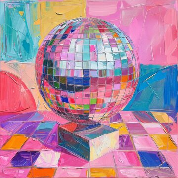 A painting of a disco ball placed on a table, capturing the reflection of light and shadows in intricate detail.
