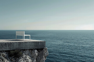 A white bench is sitting on a ledge overlooking the ocean - obrazy, fototapety, plakaty