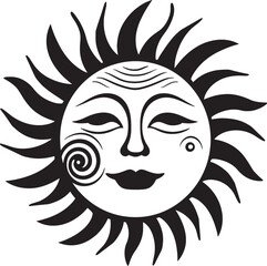 Cheery Sunshine Cartoon Sun with Face Vector Logo Sunbeam Harmony Hand Drawn Sun Black Emblem Design
