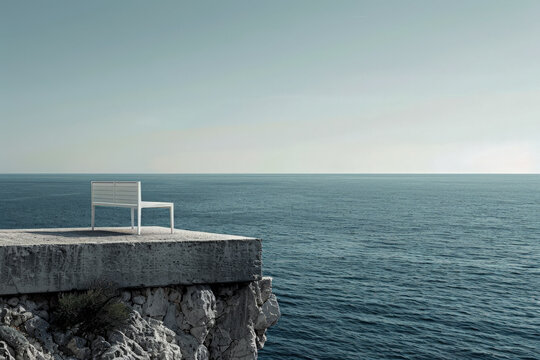 A White Bench Is Sitting On A Ledge Overlooking The Ocean