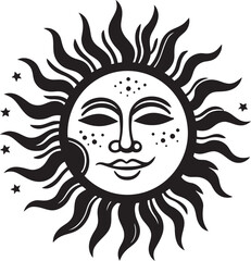 Sunburst Celebration Hand Drawn Cartoon Vector Logo Glowing Grin Cartoon Sun with Face Black Icon