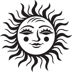 Radiant Rejoicing Hand Drawn Cartoon Black Icon Cheery Sunshine Cartoon Sun with Face Vector Logo