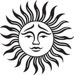 Sunburst Celebration Hand Drawn Cartoon Vector Logo Glowing Grin Cartoon Sun with Face Black Icon