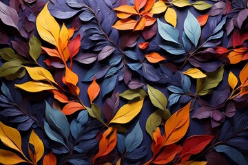 "Enchanted Foliage Symphony: AI-crafted abstract background in a kaleidoscope of purple, indigo, blue, green, yellow, orange, and red hues. Mesmerizing dance of diverse leaves.