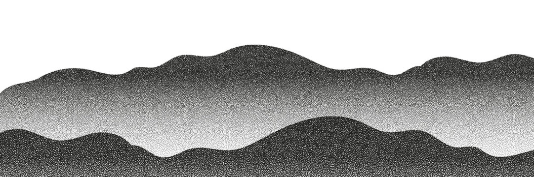 Grayscale vector halftone dots background with a fading dot effect, resembling a abstract mountain landscape. Black noise dots, a sand grain effect, and grunge banner for an abstract, textured pattern