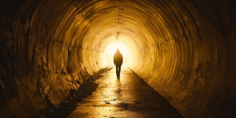Fototapeta na wymiar Person walking towards light at end of tunnel