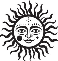 Joyful Radiance Hand Drawn Sun with Face Emblem Icon Sunny Symphony Cartoon Vector Black Emblem