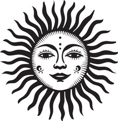 Radiant Radiance Cartoon Black Logo Design Joyful Radiance Hand Drawn Sun with Face Emblem Icon