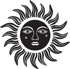 Radiant Revelry Cartoon Black Icon Emblem Cheerful Charms Hand Drawn Sun with Face Emblem Design