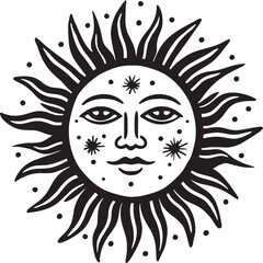 Cheerful Charms Hand Drawn Sun with Face Emblem Design Sunburst Serenity Cartoon Vector Black Logo