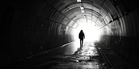 Person walking towards light at end of tunnel - obrazy, fototapety, plakaty
