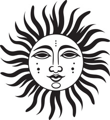 Cheerful Countenance Hand Drawn Sun with Face Emblem Sunburst Celebration Cartoon Vector Black Logo Design