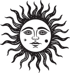 Radiant Revelry Cartoon Black Logo Icon Cheerful Countenance Hand Drawn Sun with Face Emblem