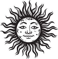 Gleeful Glow Cartoon Sun with Face Black Emblem Smiling Sunshine Hand Drawn Sun Logo Design