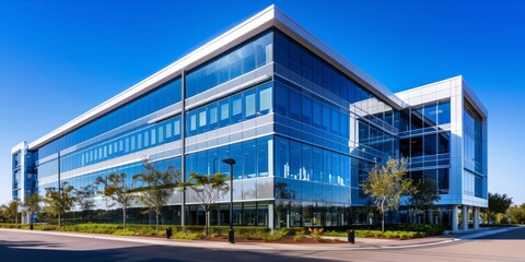 Obraz premium Modern commercial building exterior under blue sky