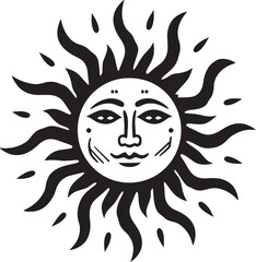Sunburst Celebration Hand Drawn Cartoon Vector Logo Glowing Grin Cartoon Sun with Face Black Icon