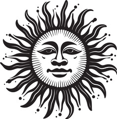 Sunny Delight Cartoon Sun with Face Vector Emblem Radiant Rays Hand Drawn Sun Black Logo Design