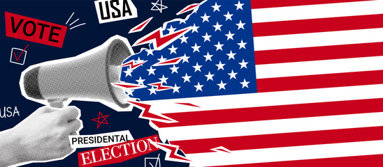 2024 US presidential election collage. Vector banner with halftone hand holding loudspeaker and calling to USA election voting. Collage for US Election 2024 campaign. Vote day, November 5.
