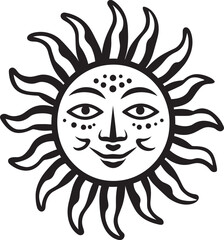 Radiant Rejoicing Hand Drawn Cartoon Black Icon Cheery Sunshine Cartoon Sun with Face Vector Logo