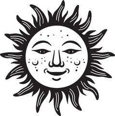 Cheery Sunshine Cartoon Sun with Face Vector Logo Sunbeam Symphony Hand Drawn Sun Black Emblem Design