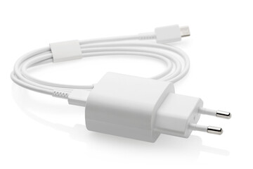 Charger block with white wire isolated on white background