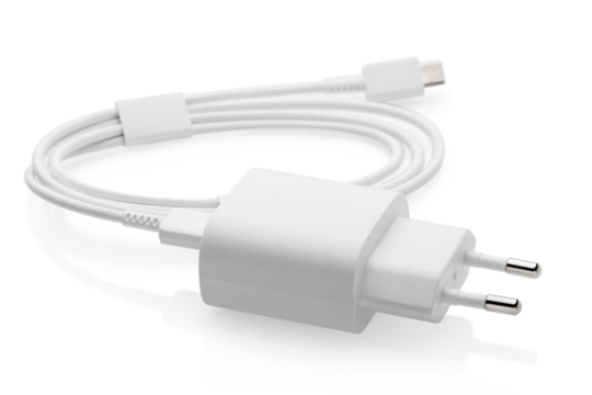 Charger block with white wire isolated on white background