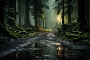 Dark woodland with towering trees, a puddle glistening in the darkness