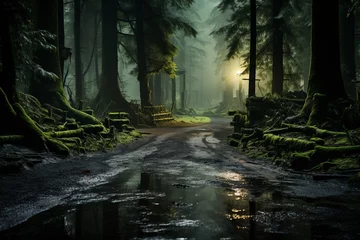 Photo sur Plexiglas Kaki Dark woodland with towering trees, a puddle glistening in the darkness